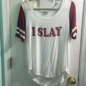 White and maroon graphic tee